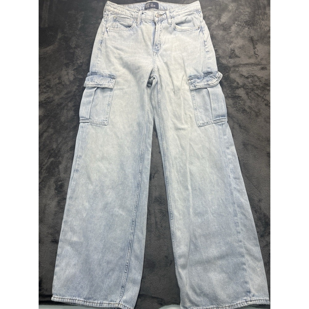 Gap Denim Womens High Rise‎ Wide Leg Cargo Jeans Light Wash Blue Size 8/29L